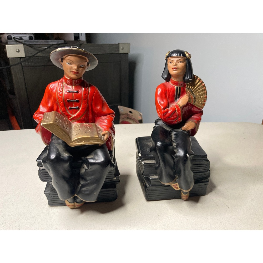 Vintage 1950s ABCO Alexander Backer Chalkware Figural Bookends Man Woman Set